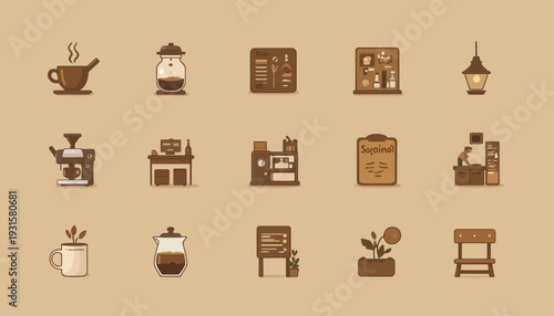 set of vintage coffee cups and coffee beans