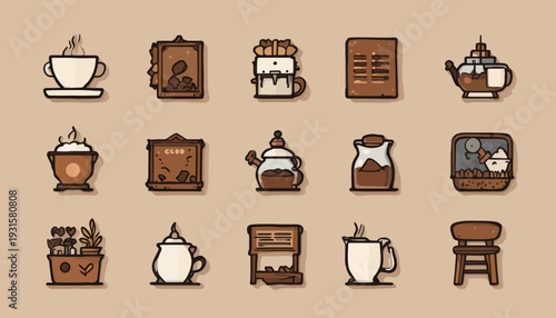 set of vintage coffee cups and coffee beans