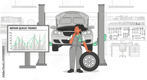 Mechanic Woman Holding Tire Near Car and Data Display.