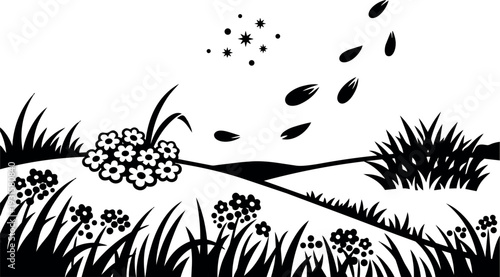 Silhouette vector meadow with rolling hills clusters of wildflowers blowing seeds in wind foreground grasses simple black white minimal flat
