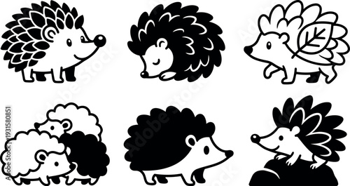 Line art hedgehog icon set six cute neutral pose characters with leaf wing sleeping sniffing grouping and playful rock scene