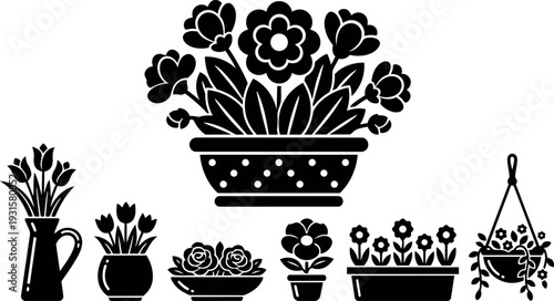Minimalist vector flat design potted flower silhouettes close up arrangement multiple planters hanging basket side view black decor icon set