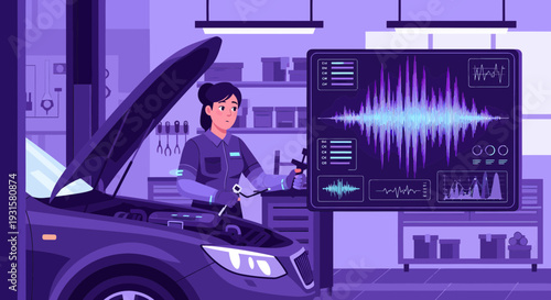 Mechanic woman inspecting car engine with diagnostic screen.