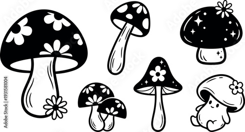 Whimsical line art mushroom set with daisy decorations and cute sitting mushroom character playful composition black white vector bold outline