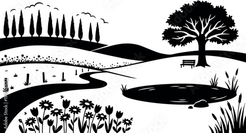 Silhouette vector art panoramic park landscape with winding path pond oak tree bench floral foreground cypress row birds rolling hills