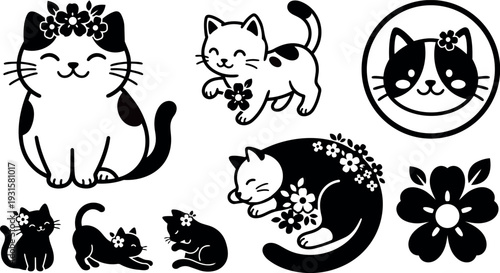 Flat vector kawaii cat icon set with floral accents smiling kitten playing sleeping close up badge and decorative flower cute