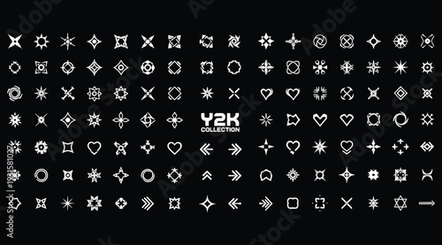 Collection of various white y2k symbols and icons on black background