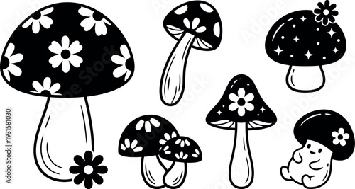 Whimsical kids doodle close up floral capped mushrooms set with smiling mushroom character black and white line art playful cluster
