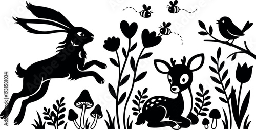 Silhouette vector scene with leaping hare and resting fawn among flowers mushrooms bees and singing bird in meadow playful closeup
