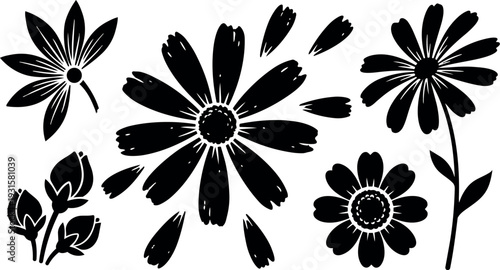 Silhouette floral vector stencil set with scattered petals buds stems and bold black daisy shapes for surface pattern mockup