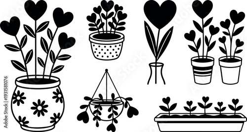 Line art vector set of heart shaped potted plants and hanging planter with seedlings and floral pot close up collection