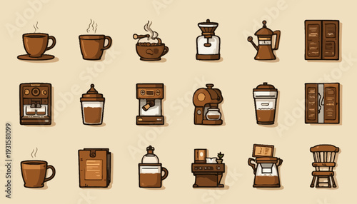 set of vintage coffee cups and coffee beans