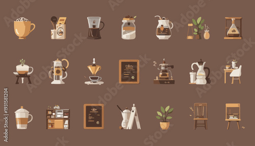 set of vintage coffee cups and coffee beans