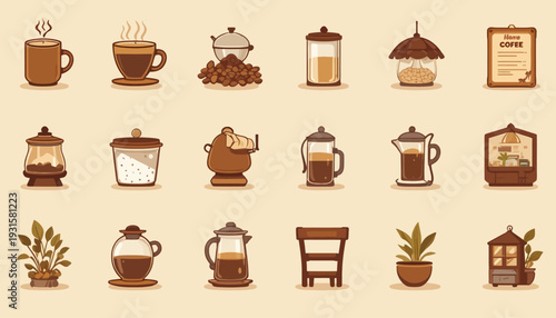 set of vintage coffee cups and coffee beans