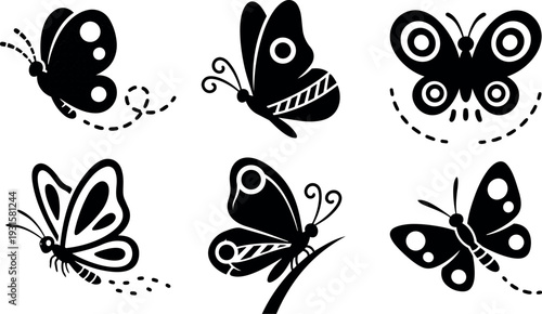 Flat design black butterfly silhouette icon set six butterflies in different poses with dashed flight trails close up vector collection