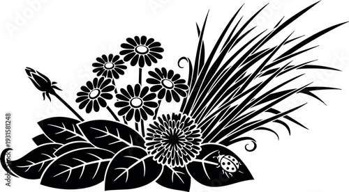Silhouette vector floral arrangement close up daisies and grass leaves rosebud ladybug on leaf side view black ink botanical vignette