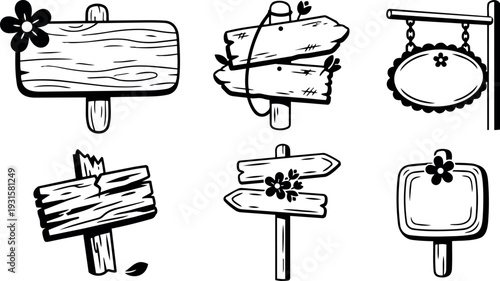 Line art rustic wooden signboards set six hand drawn directional signs with floral accents black and white vector outline collection
