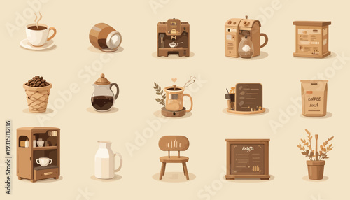 set of vintage coffee cups and coffee beans