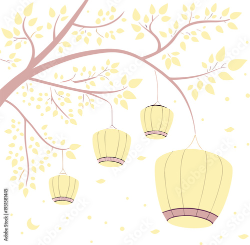 Vector illustration of hanging lanterns on tree branch
