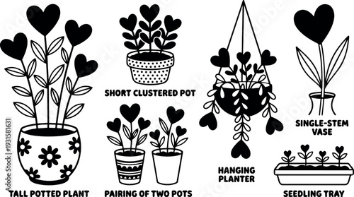 Flat design black plant icons showing potted heart leaves pairing hanging planter seedling tray in playful layout clean minimalist vector