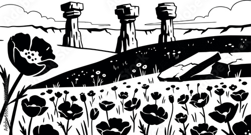 Line art close up poppy field with three standing stones on rolling hill distant horizon low angle composition minimal serene