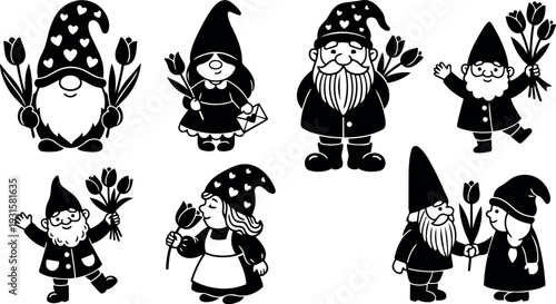 Flat design close up group of seven gnome characters holding tulips and letters playful spring floral gift silhouettes black vector