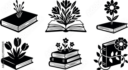 Minimalist icon floral book set six black and white vector icons books with flowers growing from pages close up simple