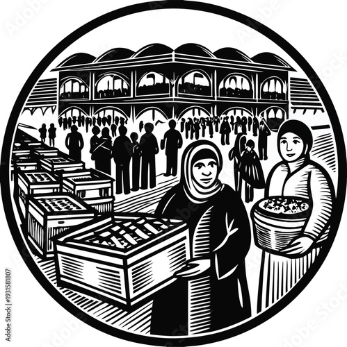 Vector illustration of women selling food at marketplace