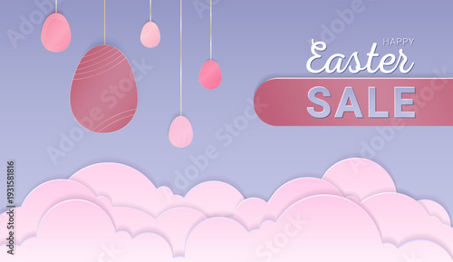 Easter sale background illustration in soft layered paper cut style with decorative eggs and spring elements. Ideal for seasonal promotions, retail advertising, social media campaigns, banners,