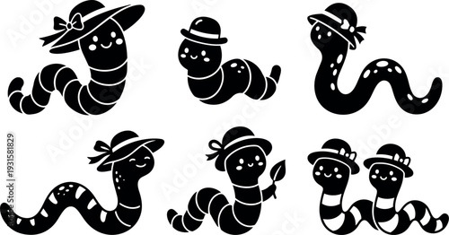 Line art cute worm characters wearing small hats smiling in varied poses set vector icons playful black silhouettes friendly collection