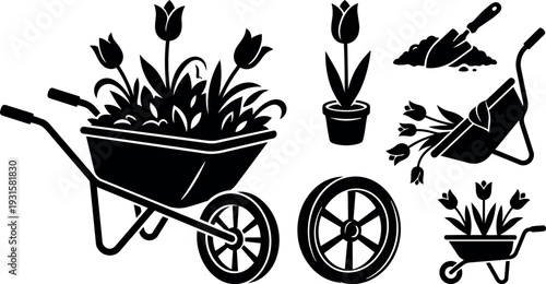 Vector stencil close up wheelbarrow with tulips overflowing side view gardening tools and soil minimalist black silhouette potted plant icon