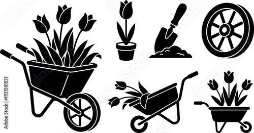 Flat design close up wheelbarrow with tulips and gardening tools side view in black silhouette minimalist vector art spring garden