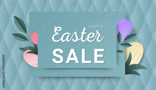 Easter sale background illustration in soft layered paper cut style with decorative eggs and spring elements. Ideal for seasonal promotions, retail advertising, social media campaigns, banners,