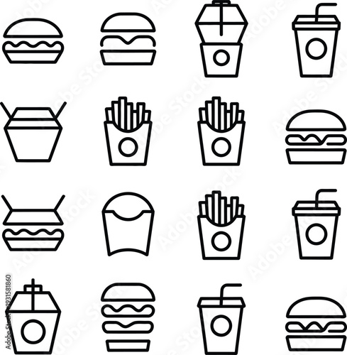 Collection of fast food icons and drinks on white background