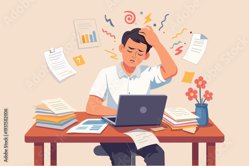 Illustration of a stressed person overwhelmed with work and tasks, depicting office burnout and mental fatigue