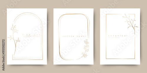 Minimal elegant botanical frame set in soft neutral tones with delicate line art elements. Perfect for wedding invitations, branding, social media templates, stationery design, luxury packaging and mo