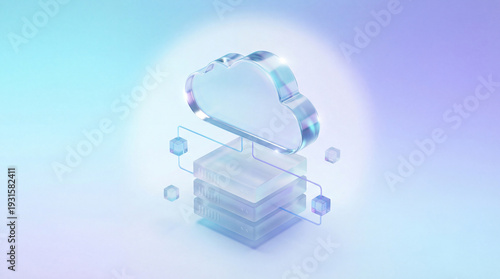 Glassmorphism Cloud Services Concept with Transparent Glass Cloud and Server Blocks on Cold Pastel Gradient for Tech Illustration.