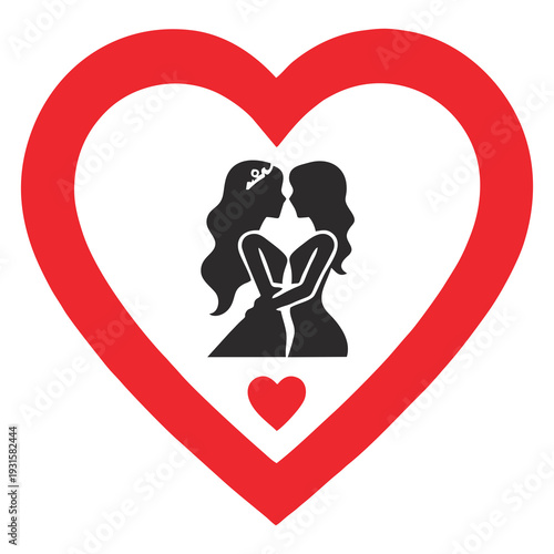 Silhouette of a Lesbian Bridal Couple Inside a Red Heart for Wedding Graphics