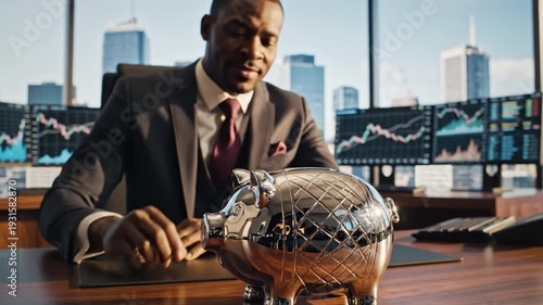 African American businessman saving coin into piggy bank in office