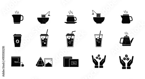 coffee and tea icons set illustrating various hot and cold drinks brewing methods and ingredients vector