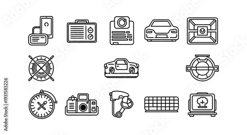 collection of modern line art icons illustrating electronics transportation and daily essentials like mobile devices cars and cameras for ui ux design.