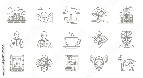 collection of minimalist line art icons depicting cityscapes nature people reading coffee and geometric animals perfect for diverse design projects.