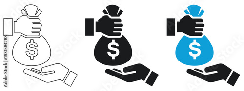 Hand giving money bag with dollar sign vector icon for banking and finance concepts