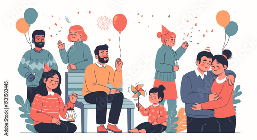 People celebrating together with balloons and gifts.