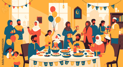 A diverse group of people celebrating together indoors with food and decorations.