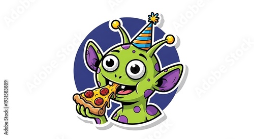 Whimsical Alien Celebrates with Pizza - A Fun Cartoon Illustration.
