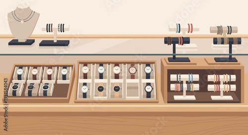 Luxury Watches Displayed in a Modern Jewelry Store Showcase.