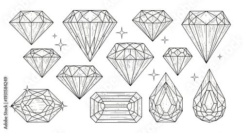 Collection of Hand Drawn Diamond Gemstone Illustrations.
