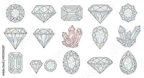 Collection of Various Diamond Gemstone Cuts and Crystal Formations.