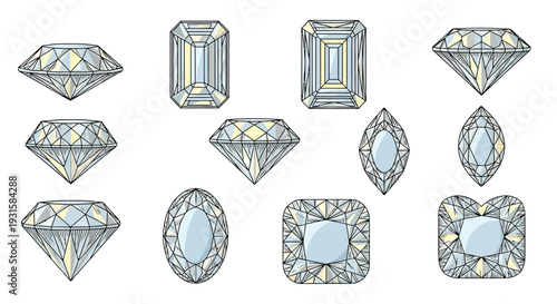 Collection of Various Diamond Gemstone Cuts and Facets.